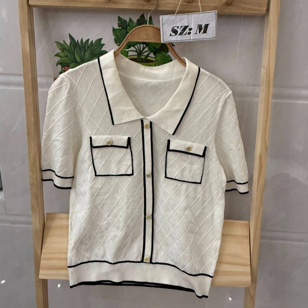 Cream Black Trim Diamond Quilted Knit Polo Top Chanel Style Gold Button Tee